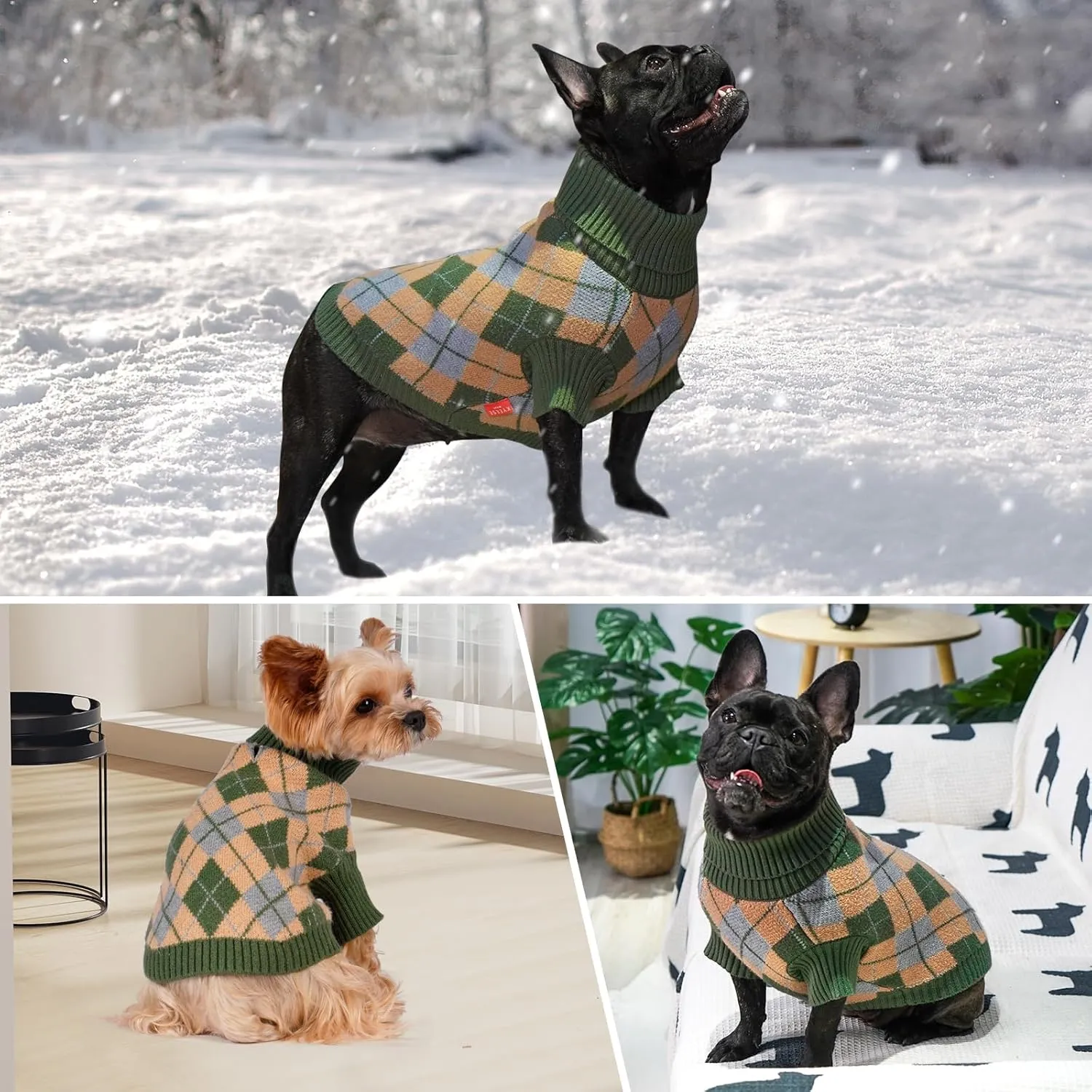KYEESE Dog Sweater Turtleneck Dog Sweater for Small Dogs Diamond Plaid Pet Sweater with Long Sleeve Comfy Pet Coats Warm Dogs Clothes, Green, Small