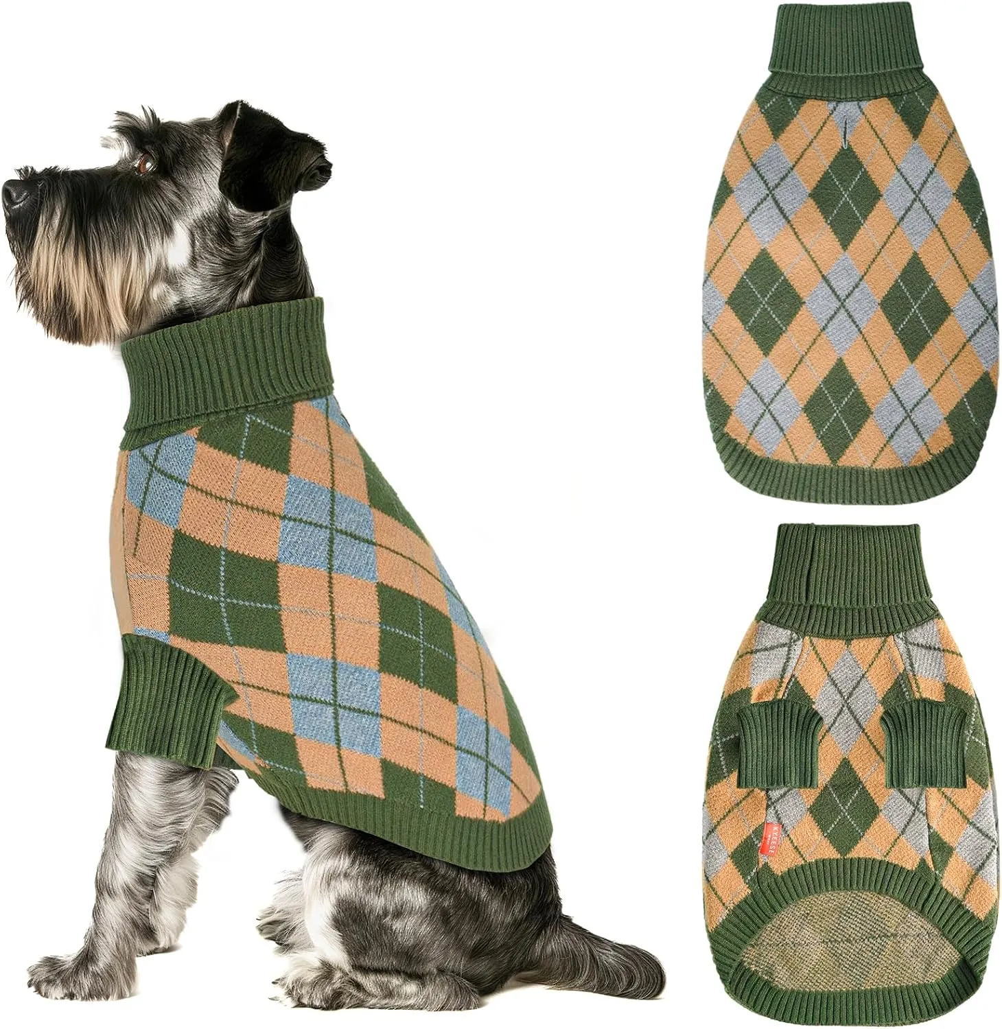KYEESE Dog Sweater Turtleneck Dog Sweater for Small Dogs Diamond Plaid Pet Sweater with Long Sleeve Comfy Pet Coats Warm Dogs Clothes, Green, Small