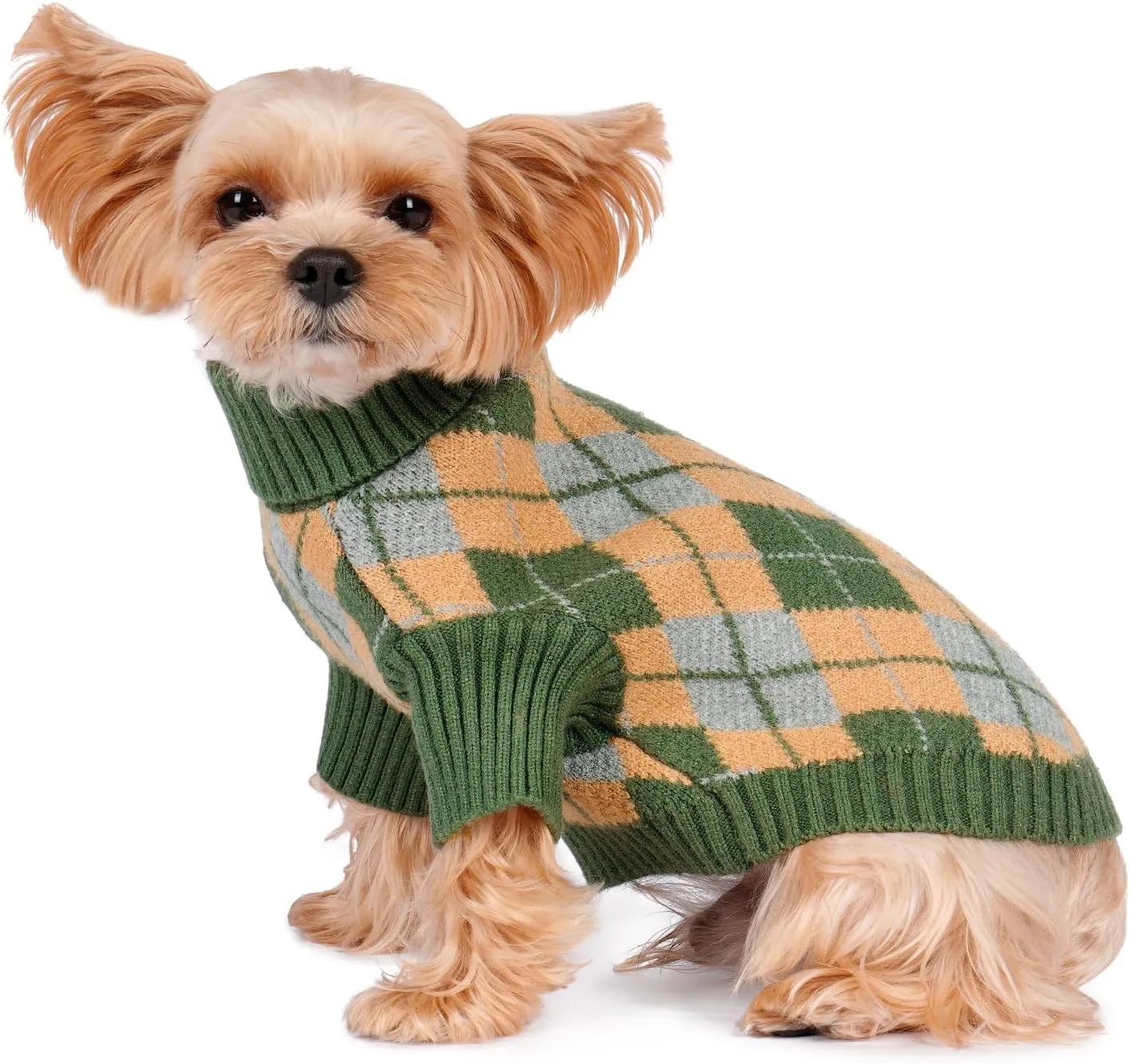 KYEESE Dog Sweater Turtleneck Dog Sweater for Small Dogs Diamond Plaid Pet Sweater with Long Sleeve Comfy Pet Coats Warm Dogs Clothes, Green, Small