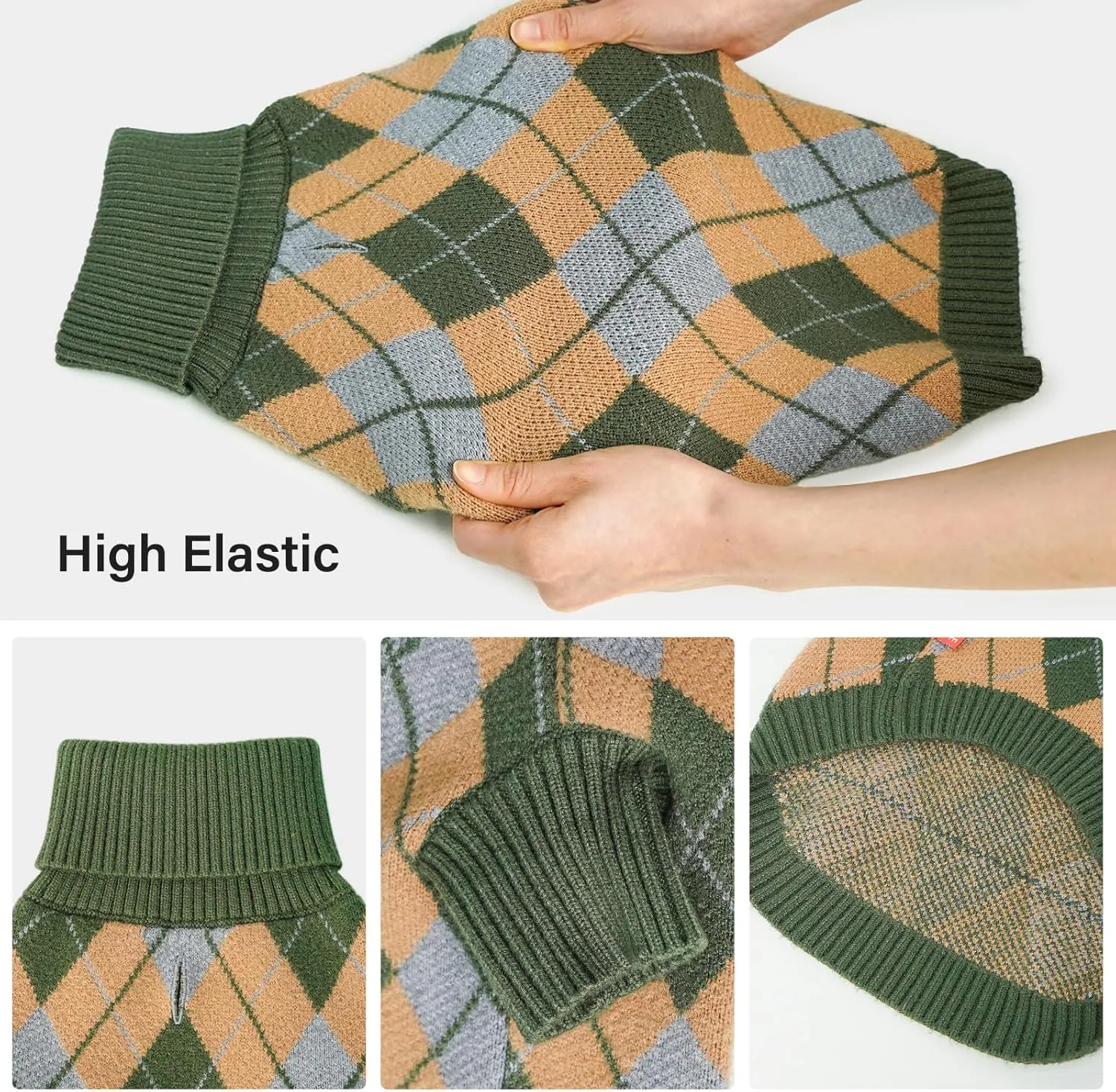KYEESE Dog Sweater Turtleneck Dog Sweater for Small Dogs Diamond Plaid Pet Sweater with Long Sleeve Comfy Pet Coats Warm Dogs Clothes, Green, Small