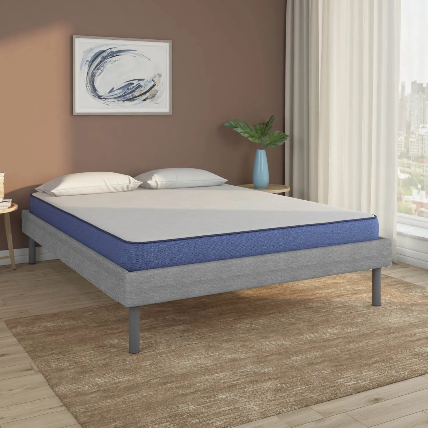 Velvette Upholstered Bed (Grey)   Plus Memory Foam Mattress (Queen)